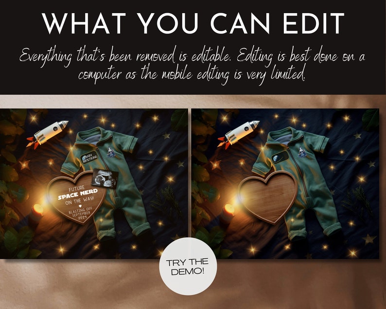 May include: A digital mockup of a baby announcement featuring a green astronaut onesie, a rocket, a wooden heart with the text "Future Space Nerd On The Way! Blasting Off September 2023", and a sonogram image. The background is a dark blue with gold stars.