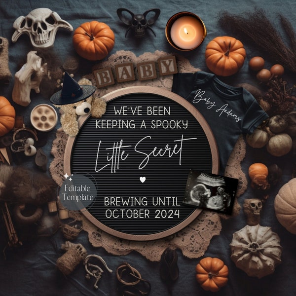 Halloween Pregnancy Announcement Digital, Gender Neutral Baby Announcement, Spooky Little Secret, October Social Media, Brewing Template