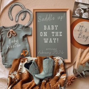 Cowboy Digital Pregnancy Announcement, Western Boho Baby Announcement, Farm Pregnancy Reveal, Rodeo Social Media Baby BOY Gender Reveal
