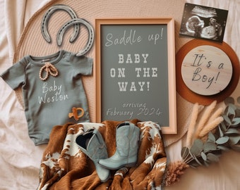Cowboy Baby Announcement: Western Boy Gender Reveal (Digital Editable Template)