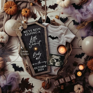 Gothic Pregnancy Announcement, Halloween Second Baby Reveal, Keeping a Little Secret, Baby #2 Social Media, Digital Fall Editable Template