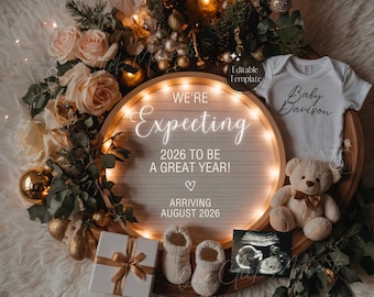 Digital New Years Pregnancy Announcement, Magical 2026 Baby Announcement, January Social Media Ultrasound Reveal, Neutral Christmas Wreath