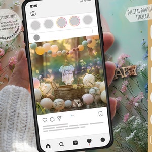May include: A digital download template for a baby shower announcement. The template features a photo of a baby onesie with the words "Baby Dar" on it, surrounded by balloons and a rainbow garland. The text "arriving January 2023" is also included in the template.
