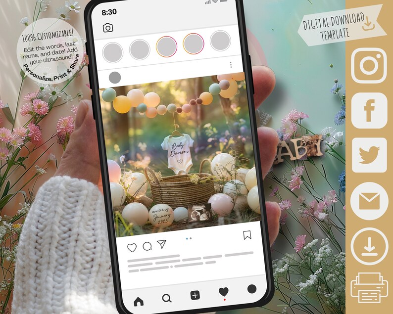 May include: A digital download template for a baby shower announcement. The template features a photo of a baby onesie with the words "Baby Dar" on it, surrounded by balloons and a rainbow garland. The text "arriving January 2023" is also included in the template.