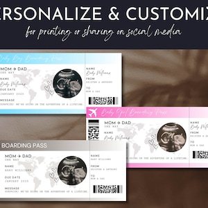 May include: Customizable baby boarding pass designs in blue, pink, and white. Each pass features a sonogram image, a world map, and text including the baby's name, due date, and a message. The passes are designed for printing or sharing.