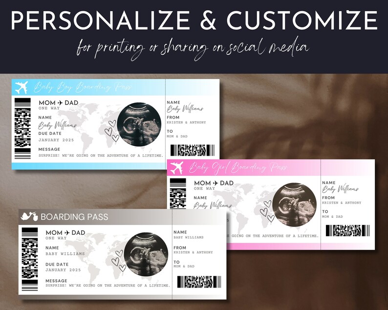 May include: Customizable baby boarding pass designs in blue, pink, and white. Each pass features a sonogram image, a world map, and text including the baby's name, due date, and a message. The passes are designed for printing or sharing.