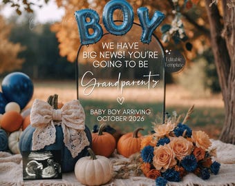 Grandparents Pregnancy Announcement, Fall Grand Baby Boy Announcement, Grandchild Gender Reveal (Digital Editable Template)