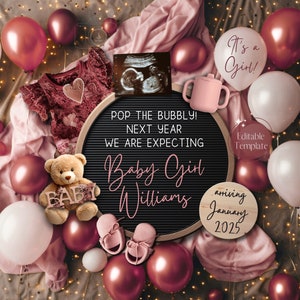 New Years Girl Pregnancy Announcement, Magical 2026 Baby Girl Announcement, Digital January Social Media Gender Reveal, NYE Pink Balloons