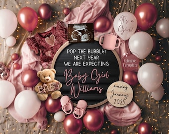 New Years Girl Pregnancy Announcement, Magical 2026 Baby Girl Announcement, Digital January Social Media Gender Reveal, NYE Pink Balloons