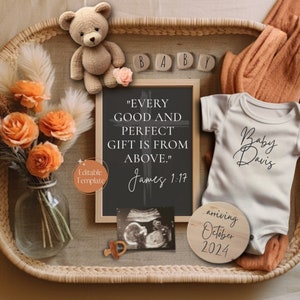 Boho Religious Pregnancy Announcement, Digital Gender Neutral Scripture Baby Reveal, Editable Christian Template, Every Good Perfect Gift