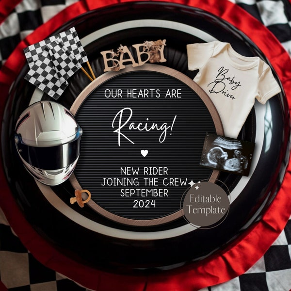 Racing Car Pregnancy Announcement, Digital Biker Baby Boy Announcment, Daddy's New Rider Crew, Social Media Gender Reveal, DIY Edit Template