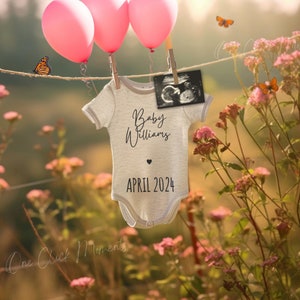 Digital Girl Pregnancy Announcement, Spring Baby Announcment, It's A Girl Gender Reveal, Pink Balloons, Boho Summer Wildflowers Social Media image 1