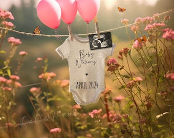 Digital Girl Pregnancy Announcement, Spring Baby Announcment, It's A Girl Gender Reveal, Pink Balloons, Boho Summer Wildflowers Social Media