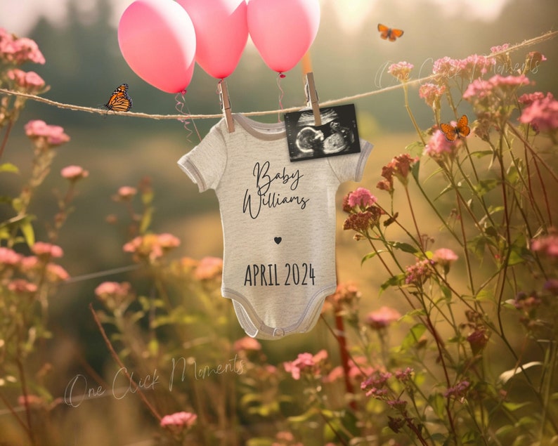 Digital Girl Pregnancy Announcement, Spring Baby Announcment, It's A Girl Gender Reveal, Pink Balloons, Boho Summer Wildflowers Social Media image 1