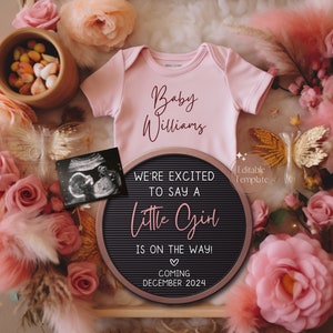 Boho Baby Girl Pregnancy Announcement, Editable Digital Template, Floral Pink Baby Reveal Canva Download, Social Media Gender Reveal, Flower