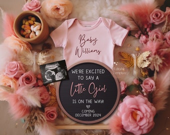 Girl Pregnancy Announcement Digital, It's a Girl Gender Reveal Baby Announcement, Baby Girl Reveal for Social Media, Pregnancy Flat Lay