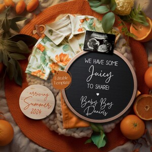 Faire-part d&#39;été pour bébé garçon, faire-part de grossesse oranges de printemps, révélation du sexe des médias sociaux tropicaux, modèle modifiable minimaliste mignon
