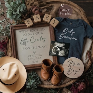 Annuncio di gravidanza da cowboy digitale, annuncio di un neonato maschio in stile western, rivelazione del sesso del bambino in fattoria MODIFICABILE, il nostro primo rodeo, sella il fratellino