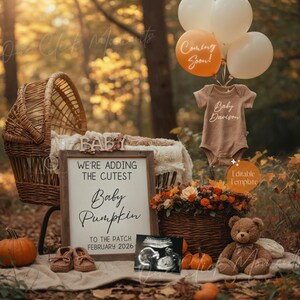May include: A rustic baby announcement scene with a wicker bassinet, sign reading "We're adding the cutest Baby Pumpkin to the patch February 2026", and a brown onesie. Balloons, a teddy bear, and pumpkins complete the autumn-themed display.
