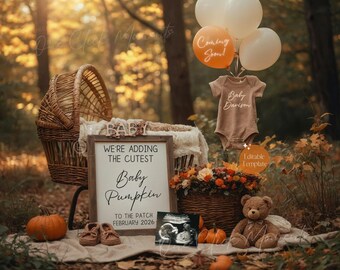 Pumpkin Pregnancy Announcement: Gender Neutral Fall Baby Reveal (Digital Editable Template)