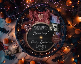 May include: A Halloween-themed baby announcement with a pink baby dress, ultrasound image, and a letter board that reads "SOMETHING PRETTY IS Brewing! Baby Davison ARRIVING OCTOBER 2024." Decorative pumpkins and lights surround the announcement.