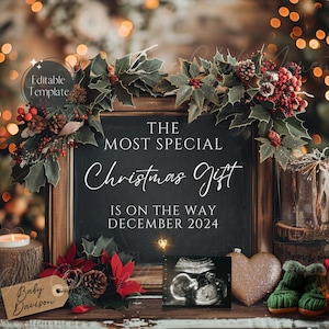 Faire-part de grossesse numérique de Noël, faire-part de bébé de décembre bohème, révélateur de bébé non sexiste, modèle de petit cadeau de Noël MODIFIABLE
