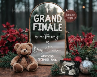 Christmas Pregnancy Announcement, Grand Finale Baby Reveal, Gender Neutral (Digital Editable Template) Teddy Bear
