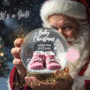 Faire-part de bébé de Noël fille, révélation numérique de grossesse de décembre, boule à neige père Noël, révéler le sexe rose girly, petite soeur de vacances
