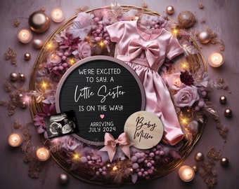 Magical Little Sister Pregnancy Announcement, It's a Girl Pink Gender Reveal, Magical Digital Baby Announce, Little Sister Boho Baby #2 #3