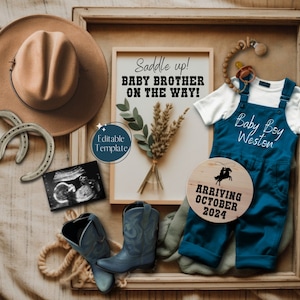 May include: A baby announcement with a blue baby outfit, a wooden sign that says "Arriving October 2024", a cowboy hat, horseshoes, and a sonogram image. The sign also says "Saddle up! Baby Brother on the way!"