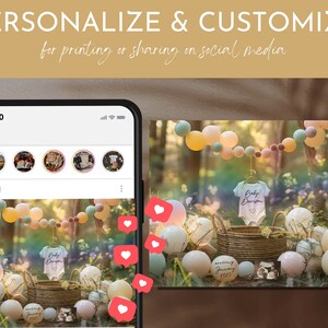 May include: A digital mockup of a phone screen showing a photo of a baby shower setup. The photo shows a white onesie with the text "Baby Darigon" and a heart, surrounded by pastel balloons and a basket of flowers. The phone screen also shows a few other photos of the baby shower setup.