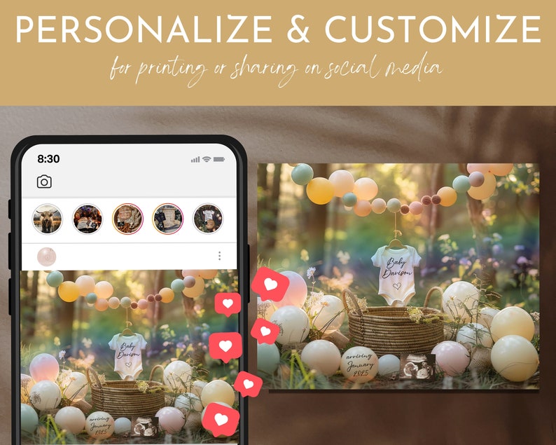 May include: A digital mockup of a phone screen showing a photo of a baby shower setup. The photo shows a white onesie with the text "Baby Darigon" and a heart, surrounded by pastel balloons and a basket of flowers. The phone screen also shows a few other photos of the baby shower setup.