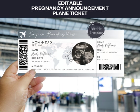 Pregnancy Announcement Plane Ticket, Editable Custom Airplane Ticket Baby Reveal, Unique Travel Announcement, DIGITAL PRINTABLE Adventure
