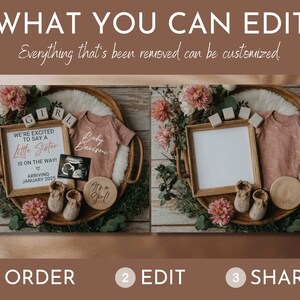 May include: A digital photo frame mockup with a pink baby onesie, a wooden sign that says "We're excited to say a little sister is on the way! Arriving January 2025", a wooden sign that says "It's a girl!" and a pair of baby booties. The frame is surrounded by pink flowers and greenery.