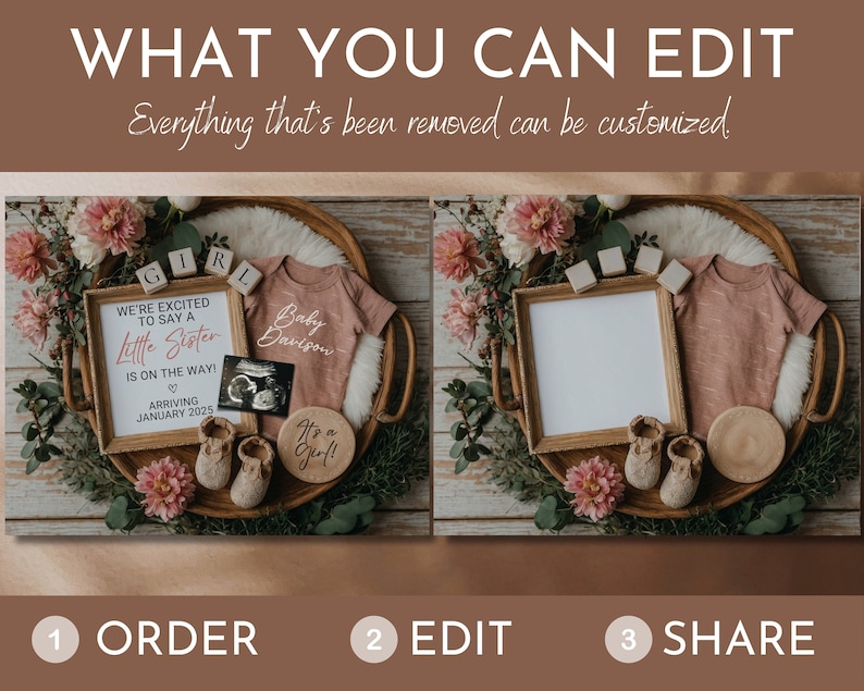 May include: A digital photo frame mockup with a pink baby onesie, a wooden sign that says "We're excited to say a little sister is on the way! Arriving January 2025", a wooden sign that says "It's a girl!" and a pair of baby booties. The frame is surrounded by pink flowers and greenery.