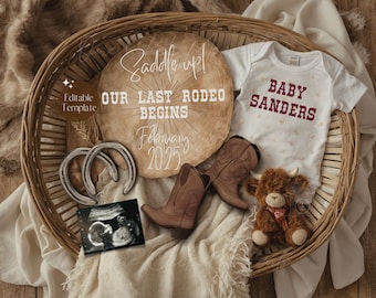 May include: A rustic themed baby announcement in a woven basket. Includes a wooden sign with text, a baby onesie, cowboy boots, a stuffed animal, a sonogram, and horseshoes. The onesie says "Baby Sanders".