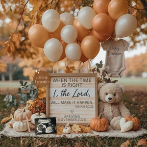 May include: A fall-themed pregnancy announcement with pumpkins, balloons, and a teddy bear. A wooden sign reads "When the time is right, I, the Lord, will make it happen. Arriving November 2026." A baby onesie and ultrasound image are also included.