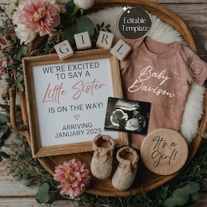 Girl Pregnancy Announcement Digital Baby Announcement Girl Gender Reveal Social Media Reveal Boho Editable Template Its a Girl Little Sister