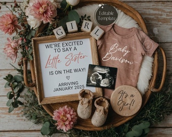 Girl Pregnancy Announcement Digital Baby Announcement Girl Gender Reveal Social Media Reveal Boho Editable Template Its a Girl Little Sister