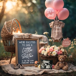 Girl Pregnancy Announcement Digital Baby Announcement Girl Gender Reveal Social Media Reveal Boho Editable Template Its a Girl Little Sister