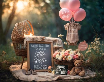 Girl Pregnancy Announcement Digital Baby Announcement Girl Gender Reveal Social Media Reveal Boho Editable Template Its a Girl Little Sister