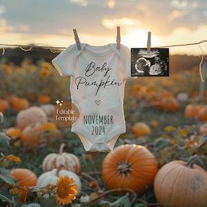 Op de afbeelding: Een witte romper met de tekst "Baby Pumpkin" en "November 2024" hangt aan een waslijn in een veld met pompoenen. Naast de romper hangt een echobeeld.
