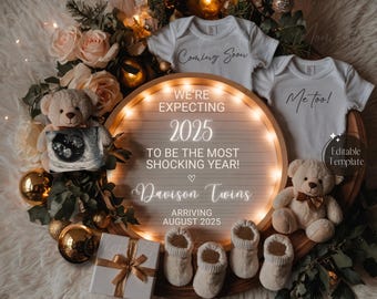 2026 Twins Pregnancy Announcement Digital, Shocking New Year Twin Reveal, Gender Neutral Babies, Funny January Editable Template