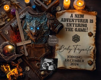 Digital Dragon Pregnancy Announcement, Fantasy Baby Boy Announcement, Dungeon Social Media Reveal, Fantasy Dragon Master Baby, Nerdy Baby
