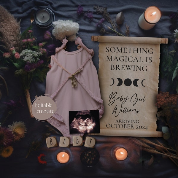 Magical Witchy Pregnancy Announcement, Gothic Baby Girl Announcement, Social Media Gender Reveal, Celestial Goddess Edit Template Instagram