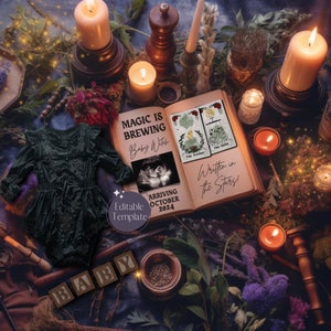 Anuncio de embarazo de niña bruja, revelación de género de la carta del tarot, anuncio de niña mágica, plantilla editable digital, revelación de bebé gótico