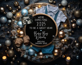 2025 New Years Pregnancy Announcement, Digital Christmas Baby Boy Reveal, Magical NYE Boy Gender Reveal, Blue Editable Template, Brother