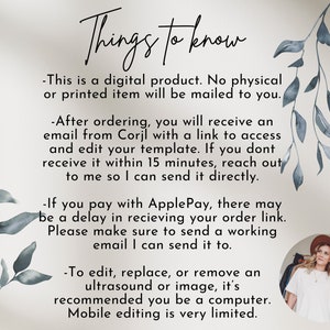 May include: A digital product information graphic with text that reads "Things to know" and includes details about ordering, editing, and payment methods. The graphic features a watercolor-style background with blue leaves and a woman wearing a white shirt and a brown hat.