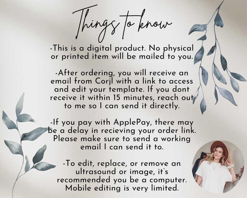May include: A digital product information graphic with text that reads "Things to know" and includes details about ordering, editing, and payment methods. The graphic features a watercolor-style background with blue leaves and a woman wearing a white shirt and a brown hat.