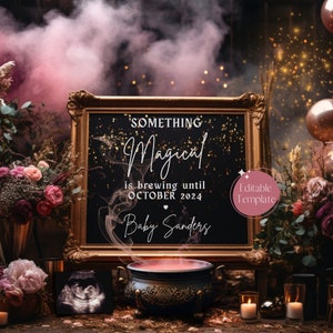 Magical Girl Pregnancy Announcement, Halloween Baby Girl Announcement, Witchy Pink Smoke Social Media Gender Reveal, Gothic Cauldron Brewing